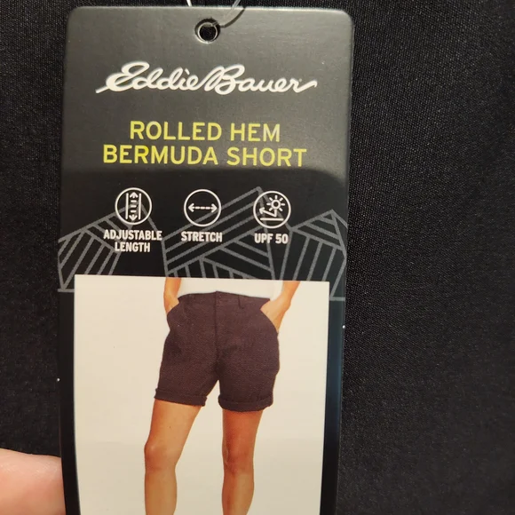 NWT Women's Eddie Bauer Black Rolled Hem Bermuda Shorts, Adjustable, UPF50 - Picture 3 of 9
